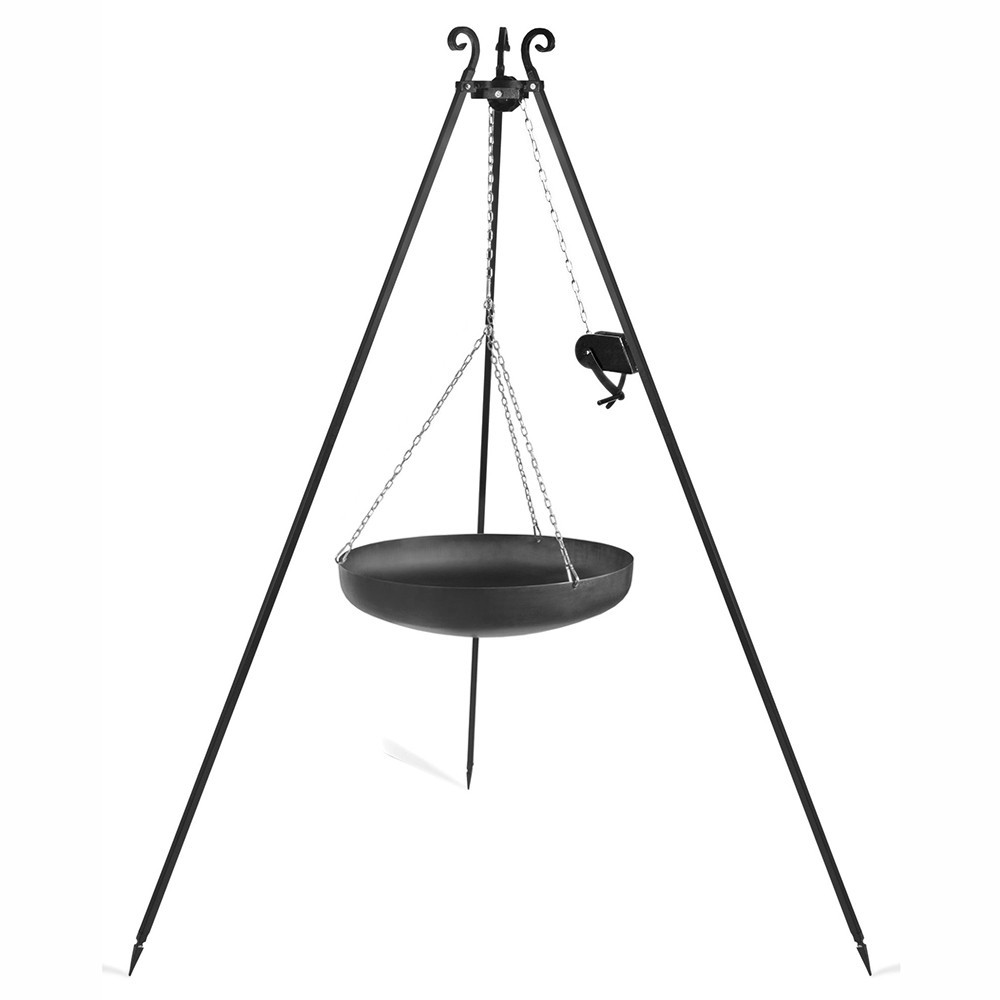 Wok en acier suspendu avec manivelle sur trépied 180cm
