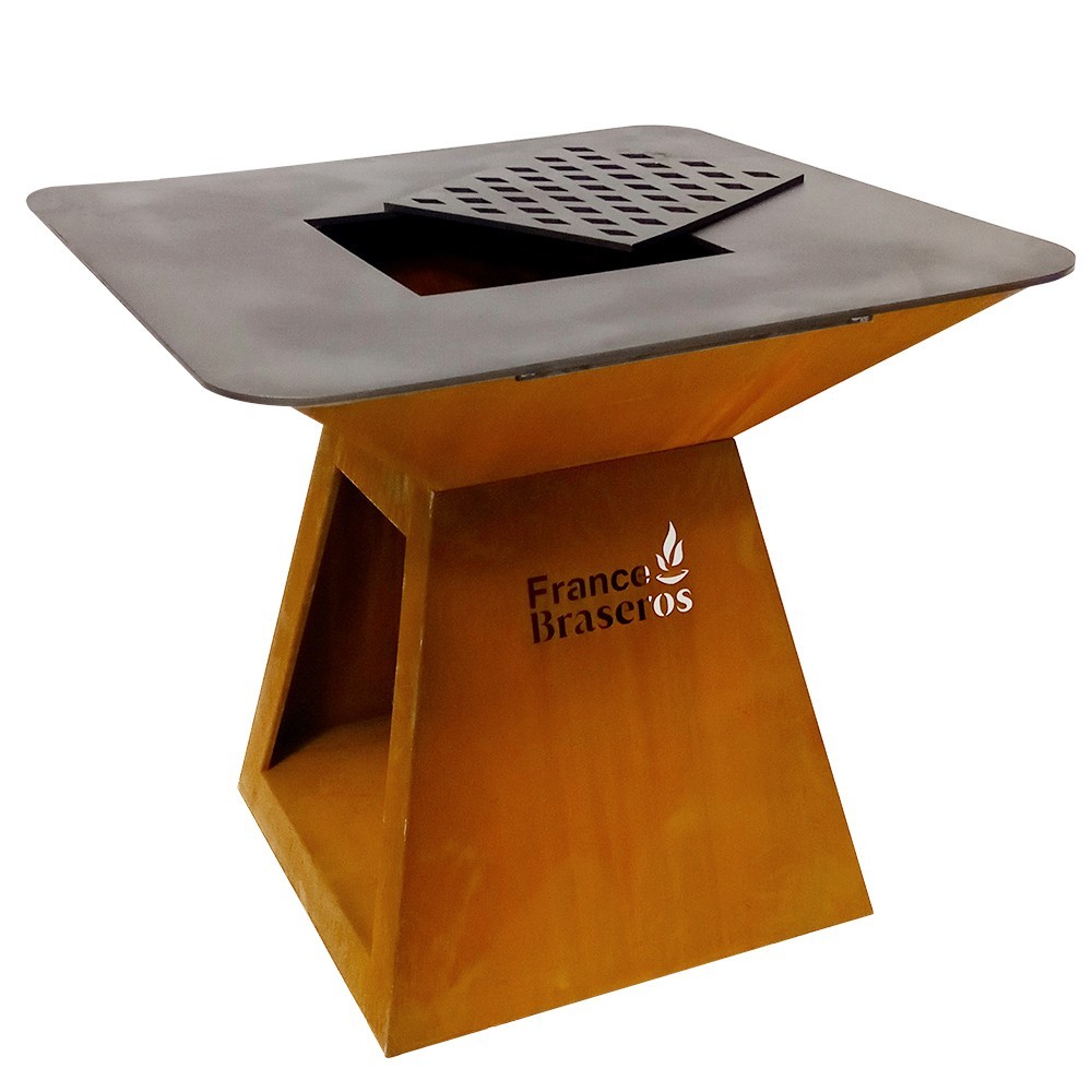 Brasero grill avec plancha de forme carré meuble en acier corten