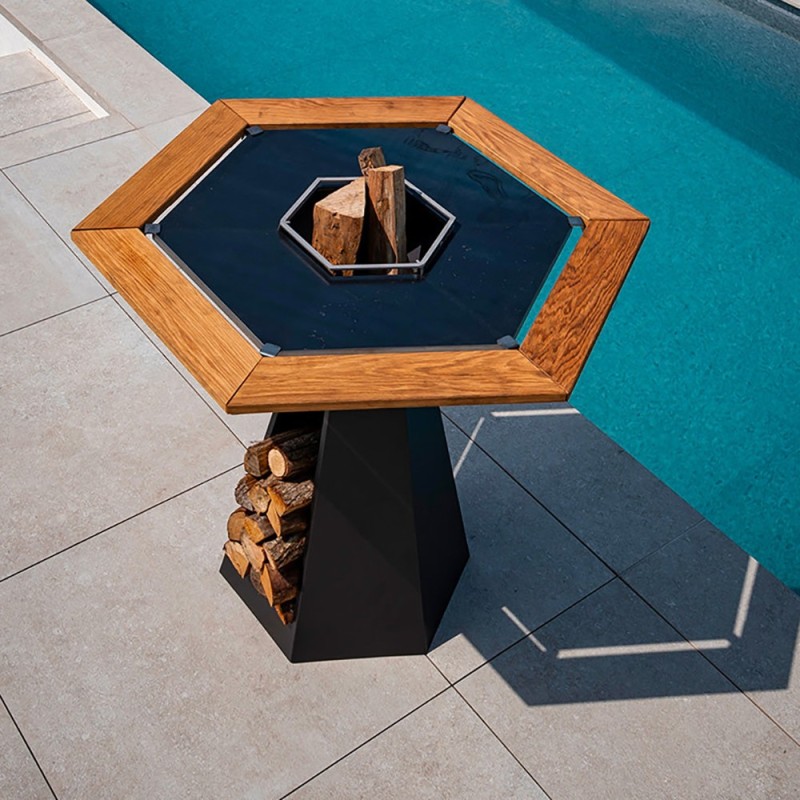 Ceinture de bois pour Brasero 85cm de diamètre - Optimise votre espace autour de la cuisson (exemple de mise en situation)