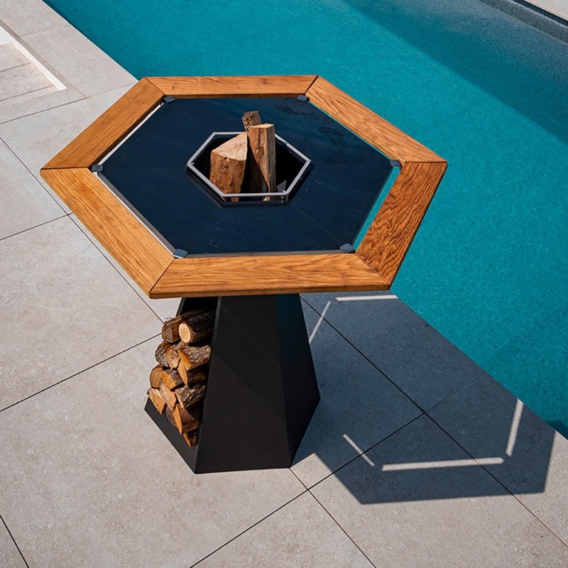 Ceinture de bois pour Brasero 105cm de diamètre - Pratique et esthétique pour vos barbecues  (exemple de mise en situation)