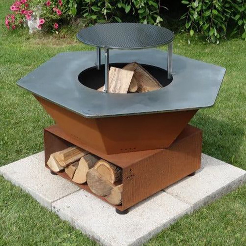 Brasero en acier corten avec plancha de 100cm (exemple d'utilisation, grille et support vendus séparément)