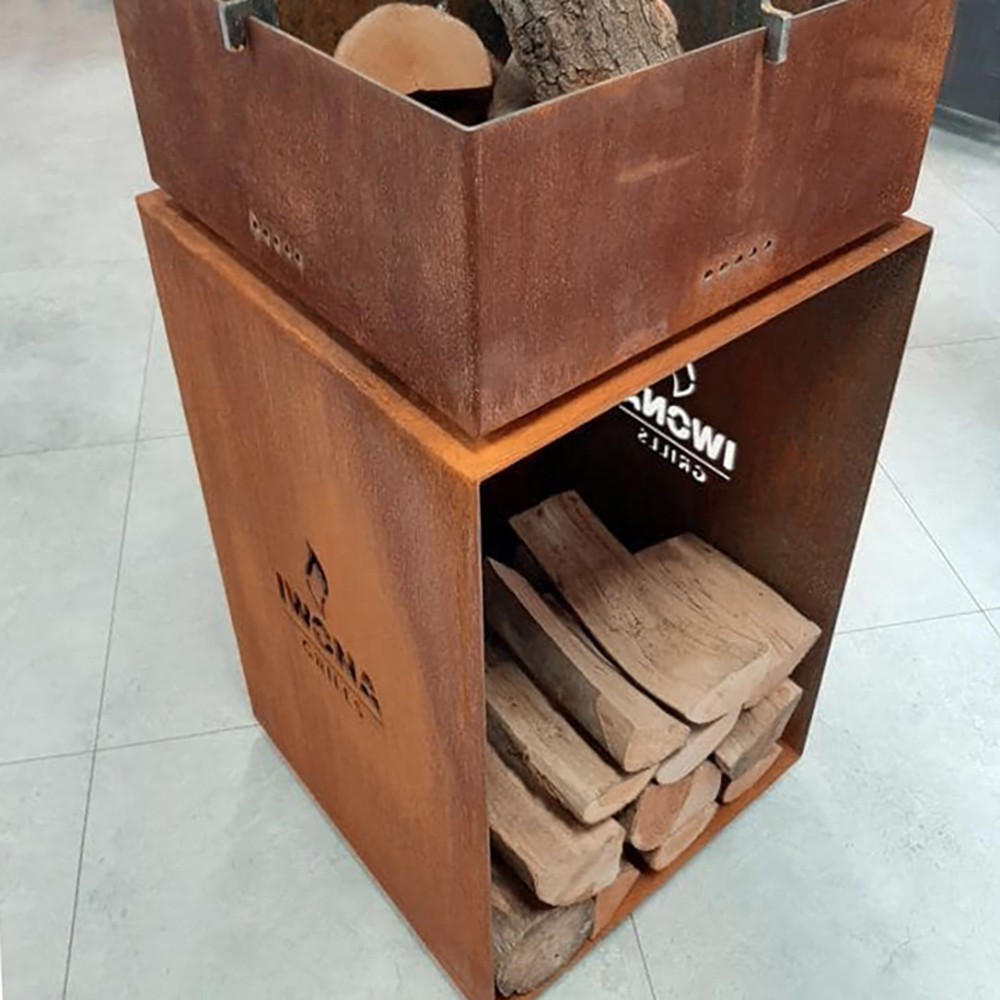 Brasero barbecue Quadro en acier Corten avec espace de rangement pour le bois