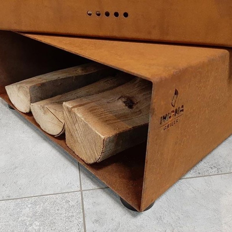 Brasero barbecue Quadro format compact avec petit espace de rangement pour le bois