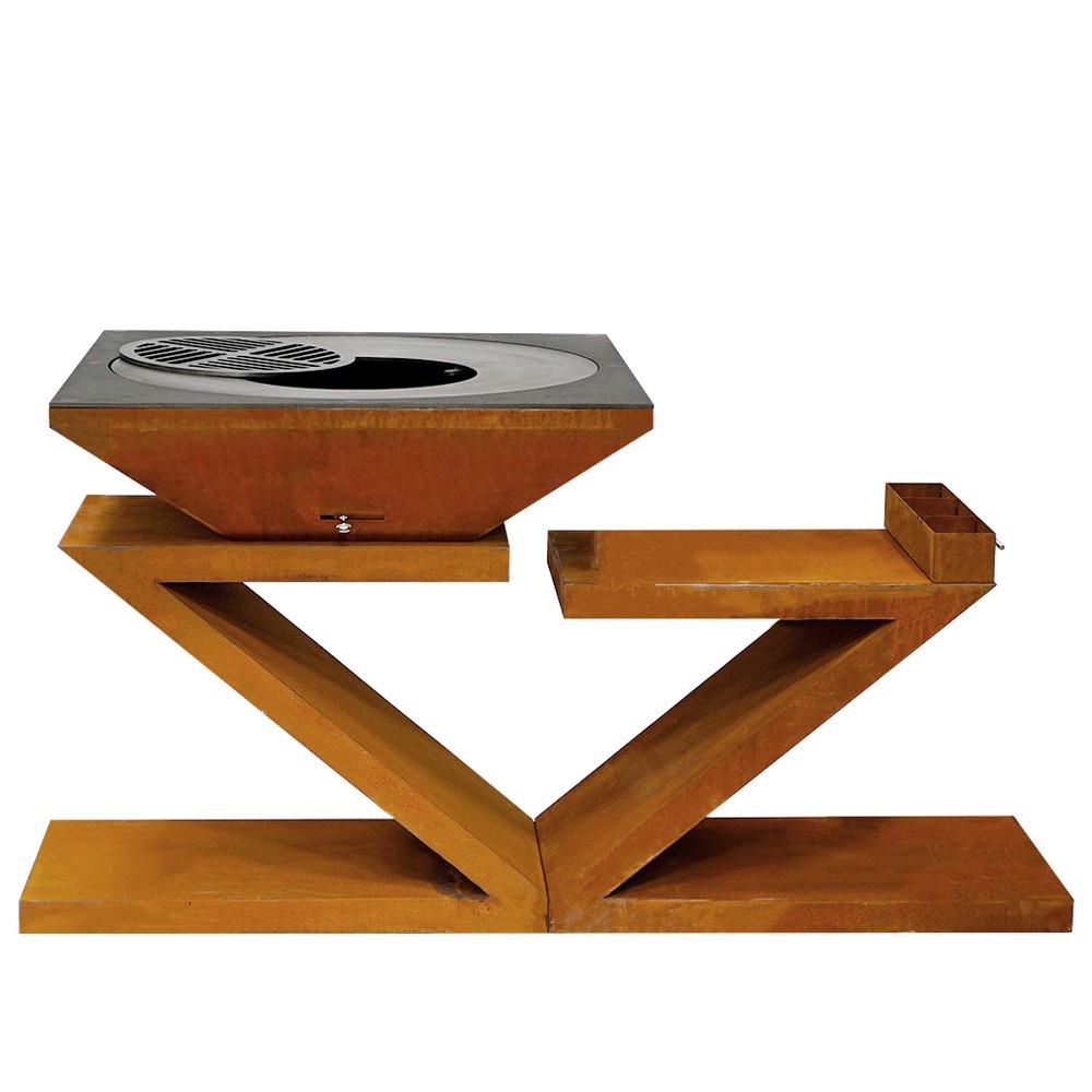 Meuble en Corten design avec plan de travail, rangements et grande plaque de cuisson France Braseros