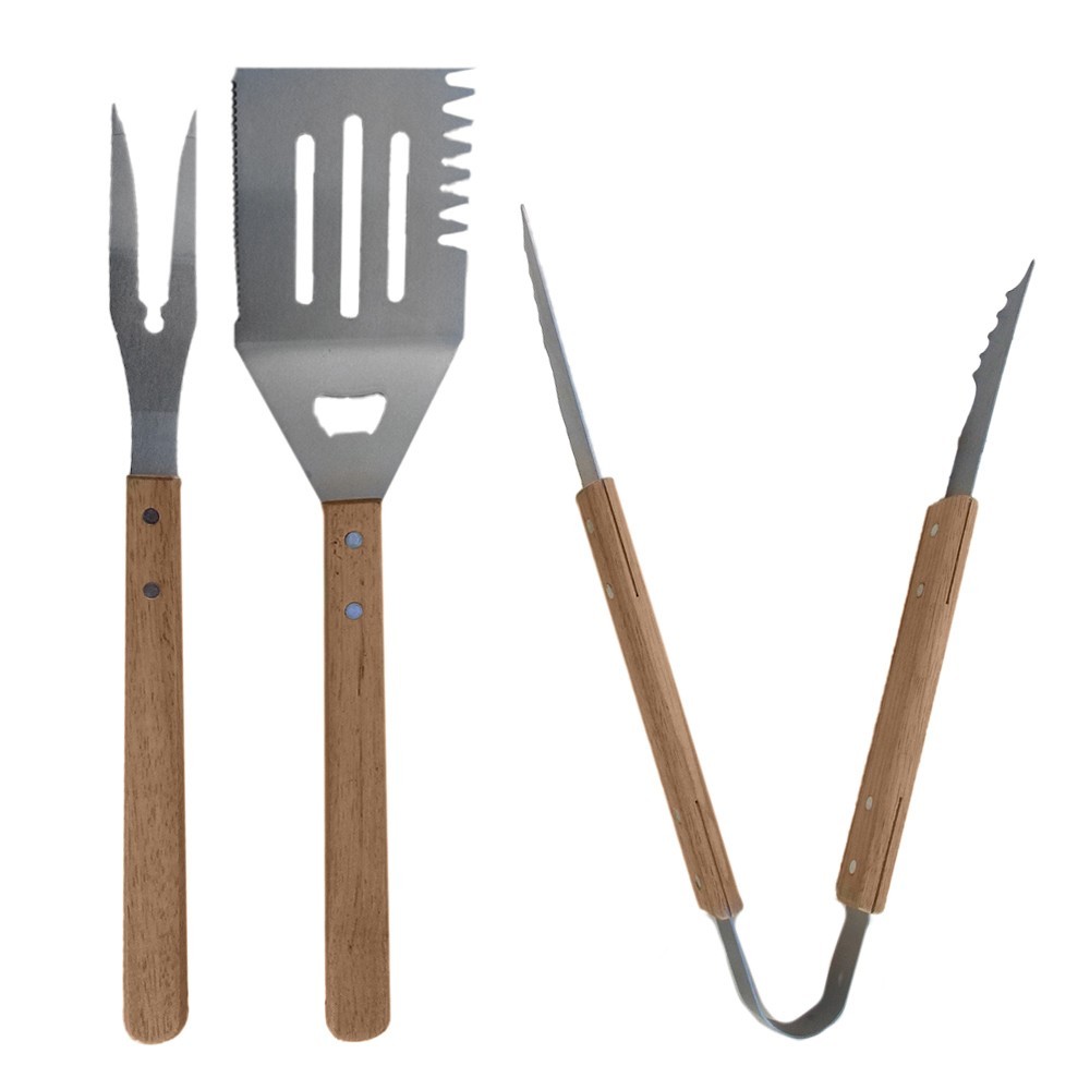 kit d'accessoires composé d'une pince, d'une spatule et d'une grande fourchette en acier France Braseros