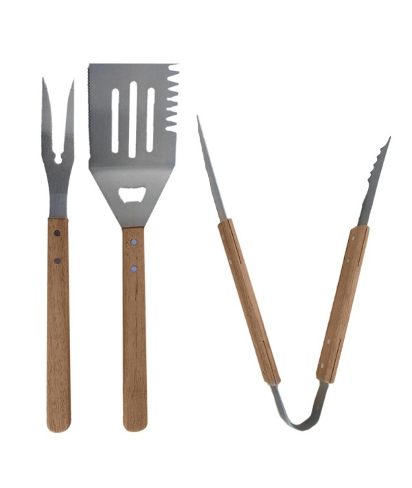 kit d'accessoires composé d'une pince, d'une spatule et d'une grande fourchette en acier France Braseros