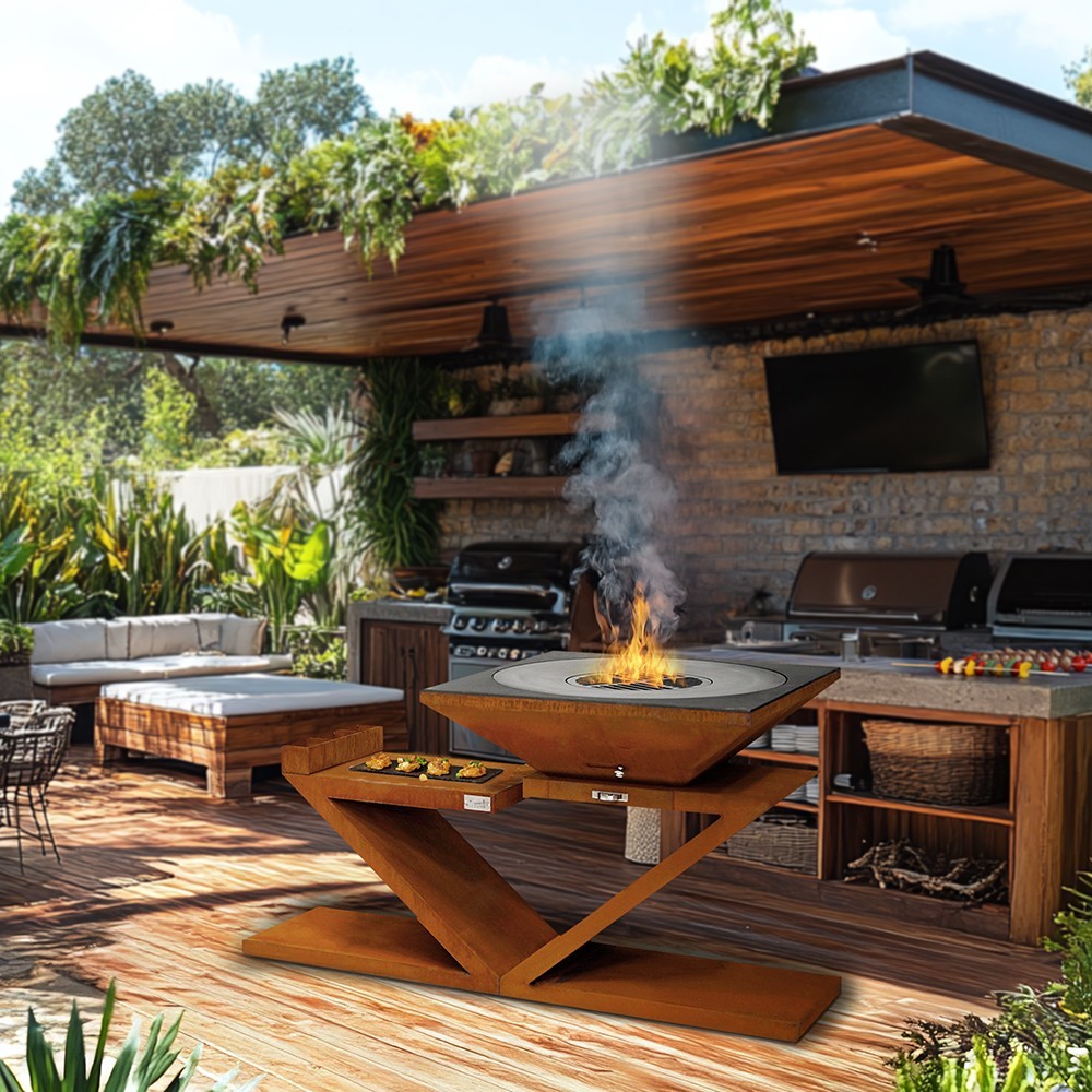 Brasero Le Lambi avec meuble rectangle design en acier corten France Braseros (exemple de mise en situation)