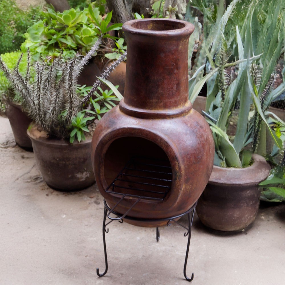 Brasero mexicain classique en terre cuite de couleur rouge Sol Y Yo (mise en situation, grille vendue séparément)