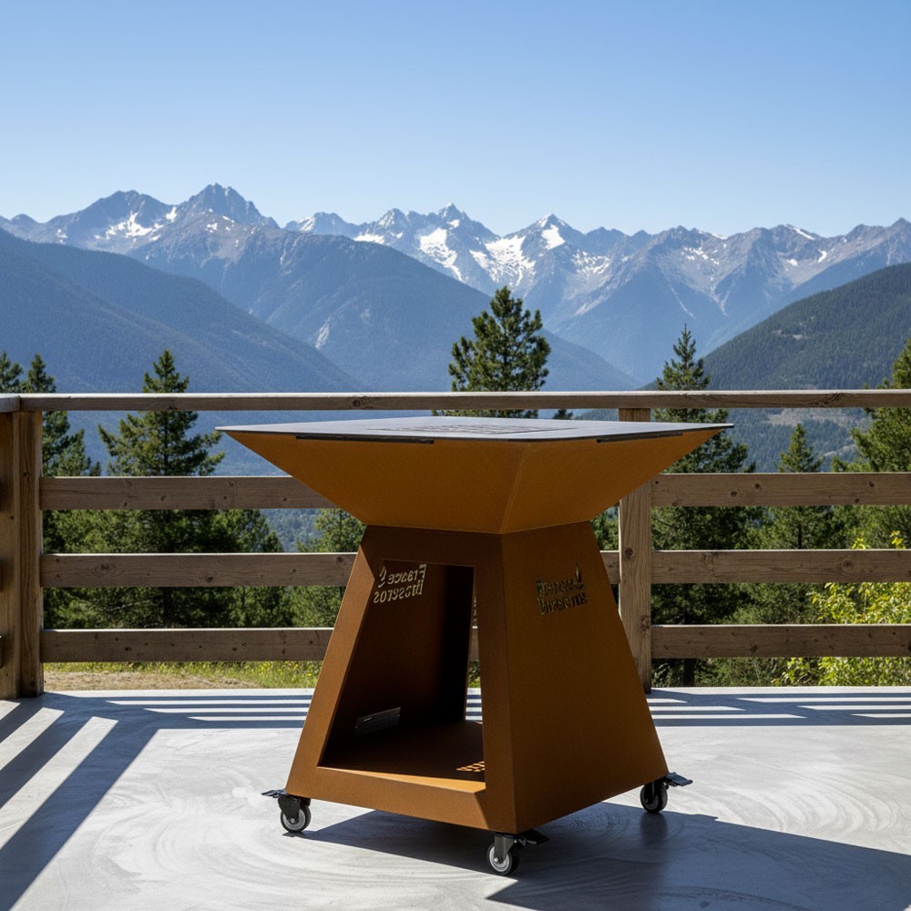 Le brasero plancha La Patelle peut être équipé de roulettes (mise en situation, roulettes vendues séparément).