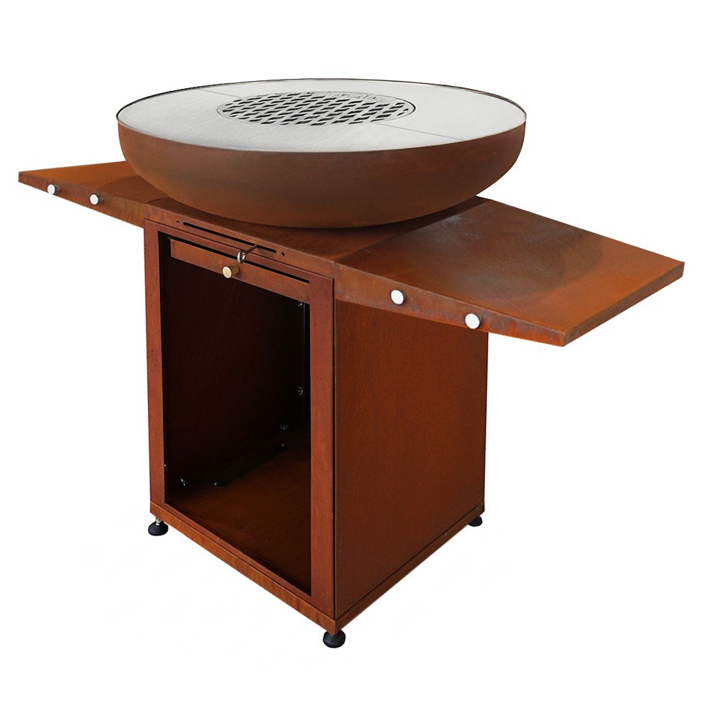Le brasero Medium Rond en Acier Corten a une plancha en Inox de 80cm de diam&egrave;tre
