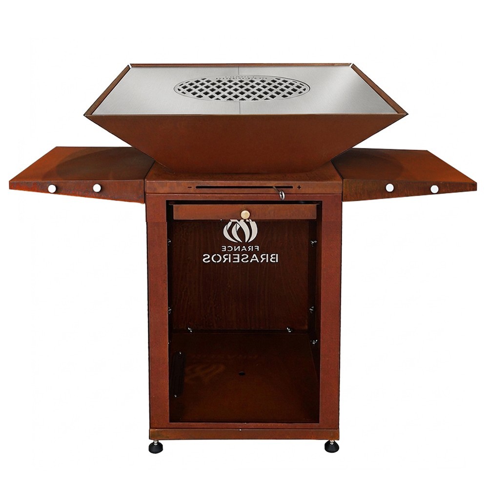 Brasero en Acier Corten avec plancha carr&eacute;e en Inox avec tablettes lat&eacute;rales incluses