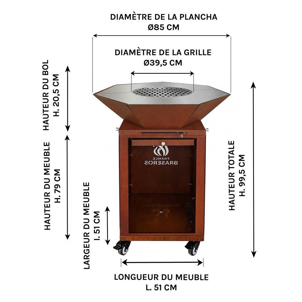 Dimensions de Brasero Medium Heptagonal en Acier Corten et plancha en Inox sans les tablettes amovibles