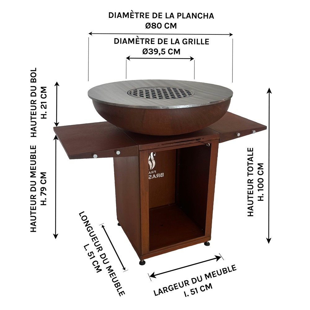 Dimensions du brasero Medium Rond en Acier Corten avec une plancha en Inox