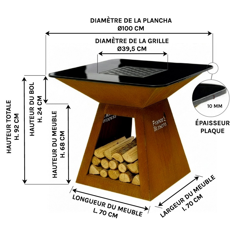 Dimensions du Brasero plancha avec plaque de cuisson carr&eacute;e "La Patelle"