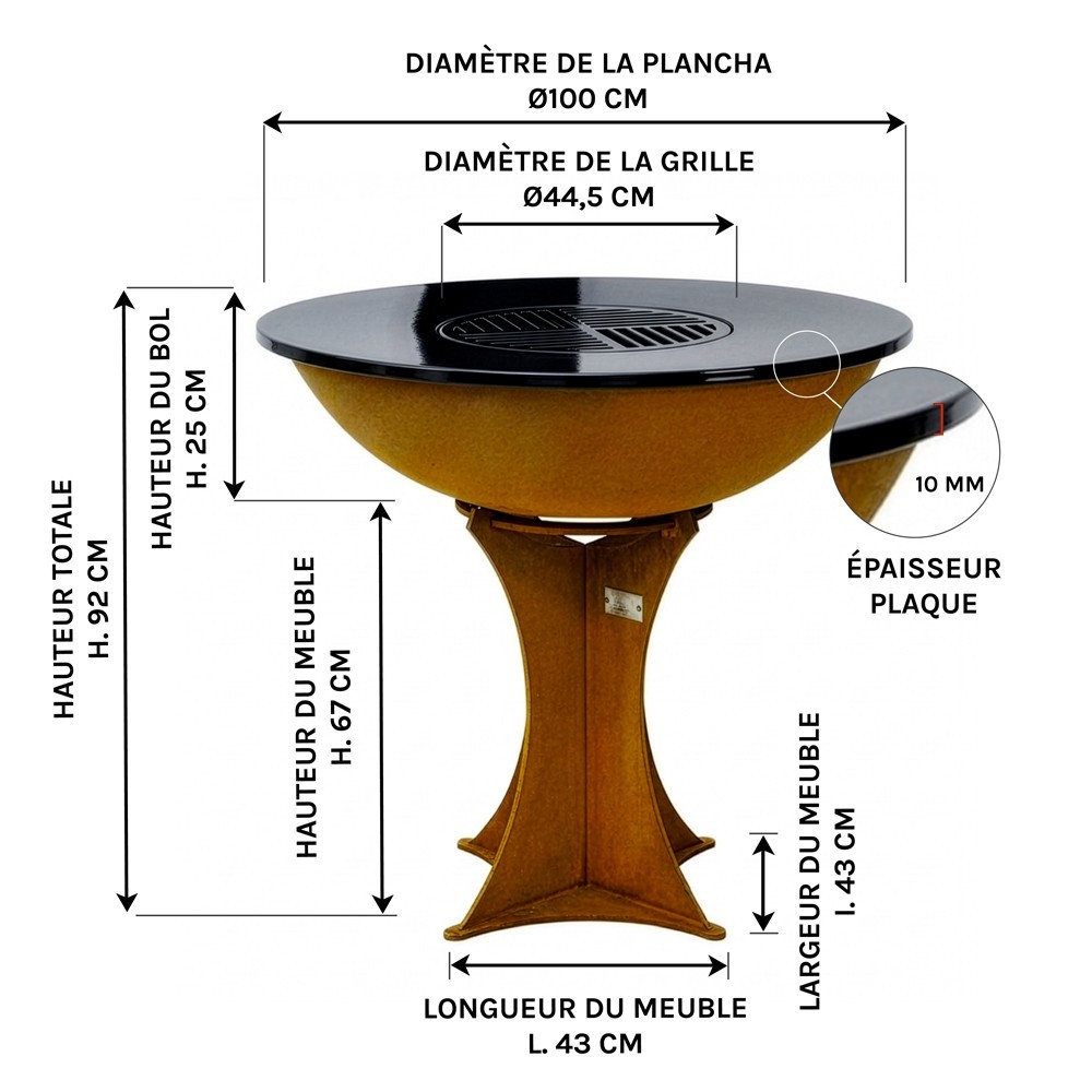 Dimensions du Brasero Plancha &Oslash;100cm avec socle &eacute;toile "Le Bigorneau"