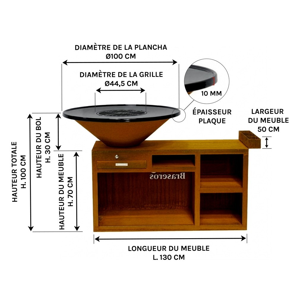 Dimensions du Brasero Plancha Grill avec meuble rectangle "Le Couteau"