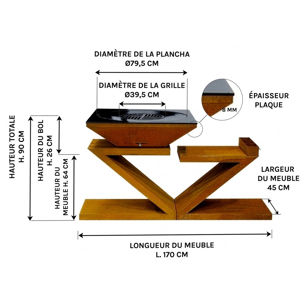 Dimensions du Brasero Plancha rectangle "Le Lambi"