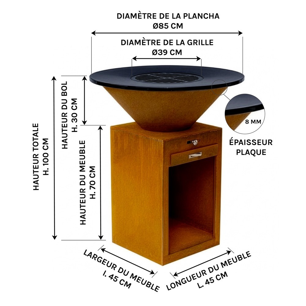 Dimensions du Brasero Plancha en acier Corten &Oslash;85cm "Le P&eacute;toncle"
