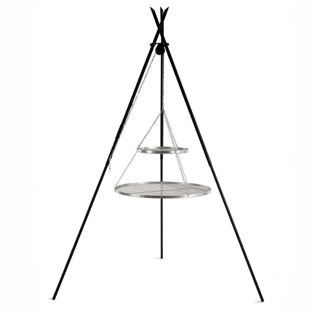 Double grilles de cuisson suspendues en Inox sur tr&eacute;pied Tipi 210cm avec grilles en Inox de 40 et 70cm