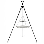 Double grilles de cuisson suspendues en Inox sur tr&eacute;pied Tipi 210cm avec grilles en Inox de 40 et 70cm