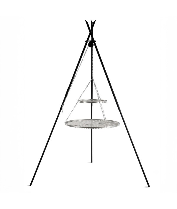 Double grilles de cuisson suspendues en Inox sur trépied Tipi 210cm avec grilles en Inox de 40 et 70cm