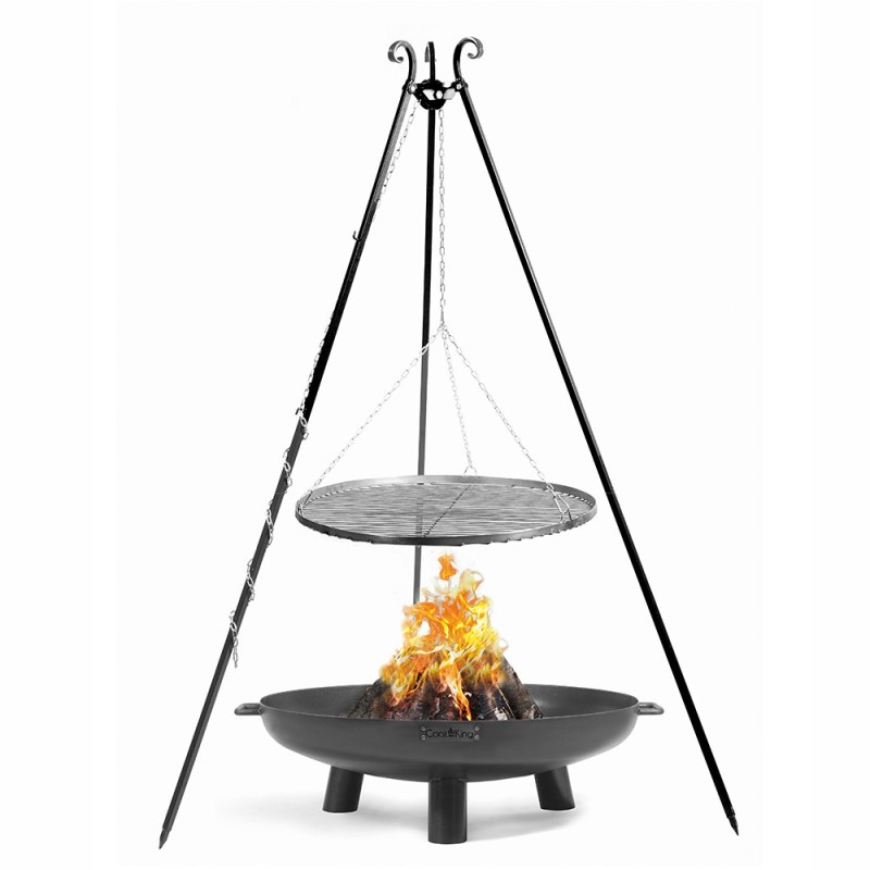 Grille de cuisson suspendue pour bol à feu en acier sur trépied 180cm (exemple d'utilisation, bol à feu vendu séparément)