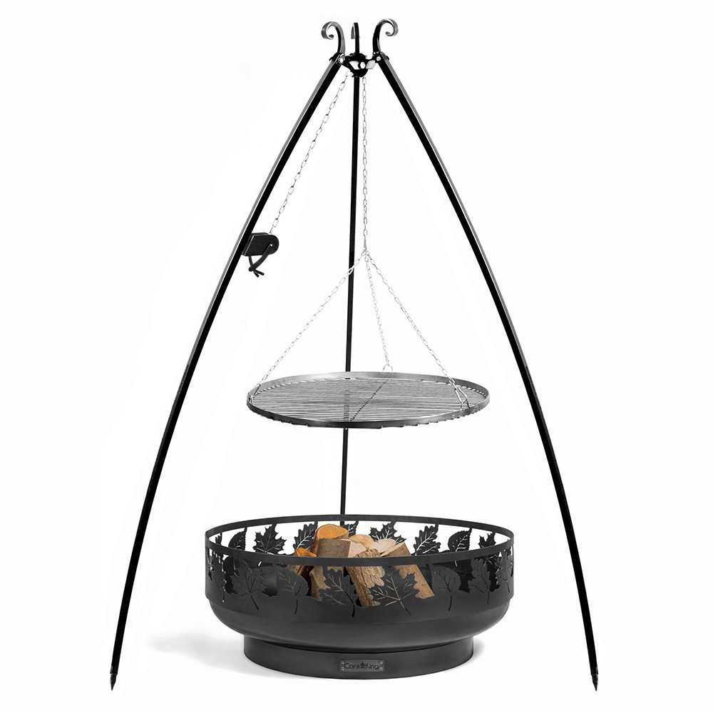 Grille de cuisson suspendue à un trépied de 200cm avec moulinet (exemple d'utilisation, bol à feu vendu séparément)