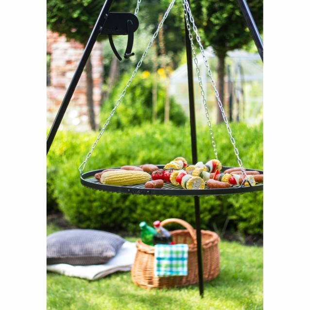 Grille de cuisson suspendue à un trépied de 200cm avec moulinet pour cuisson au feu de bois