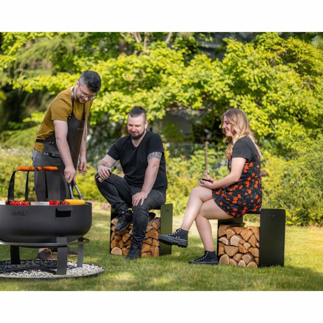 Porte-bûches Fuego - profilés en acier robustes - rangement du bois et siège - stable et solide