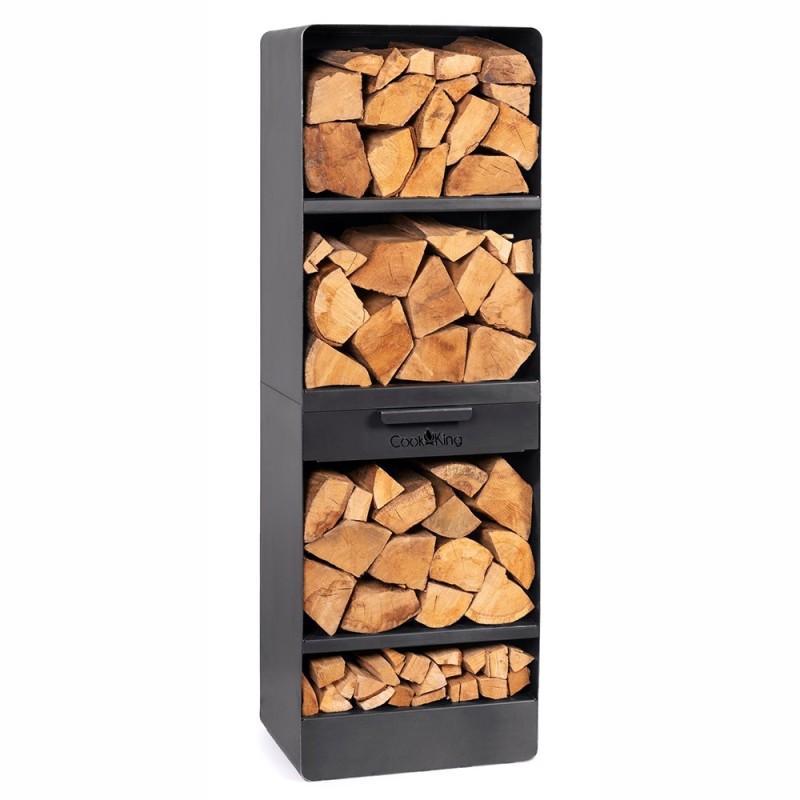Porte-bûches Vento avec 4 étagères et 1 tiroir pour ranger vos outils et votre bois.
