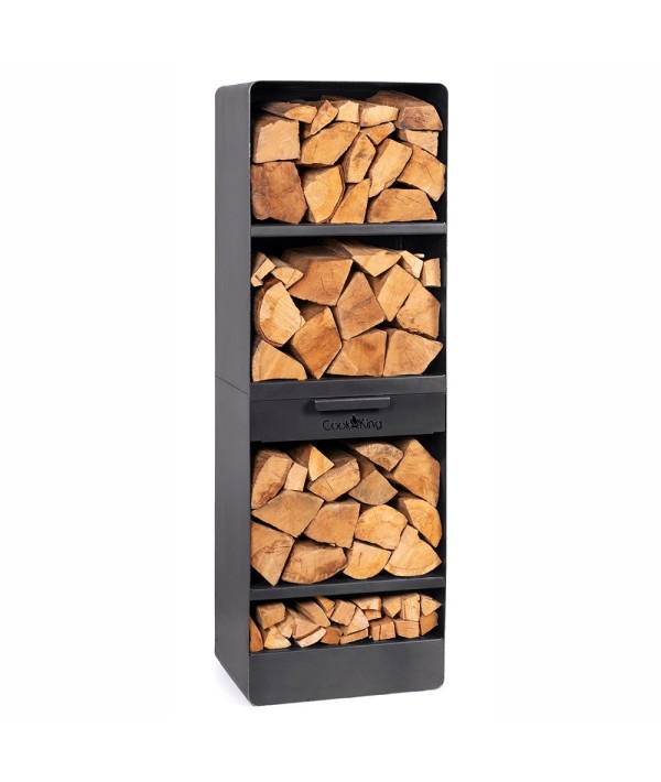 Porte-bûches Vento avec 4 étagères et 1 tiroir pour ranger vos outils et votre bois.
