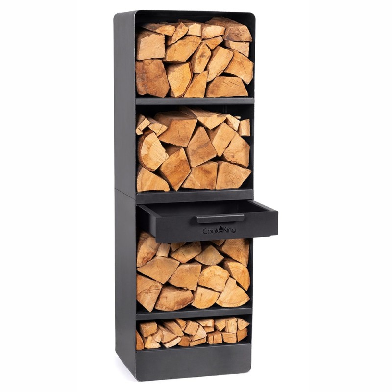 Porte-bûches Vento avec 4 étagères et 1 tiroir pour ranger vos outils et votre bois.