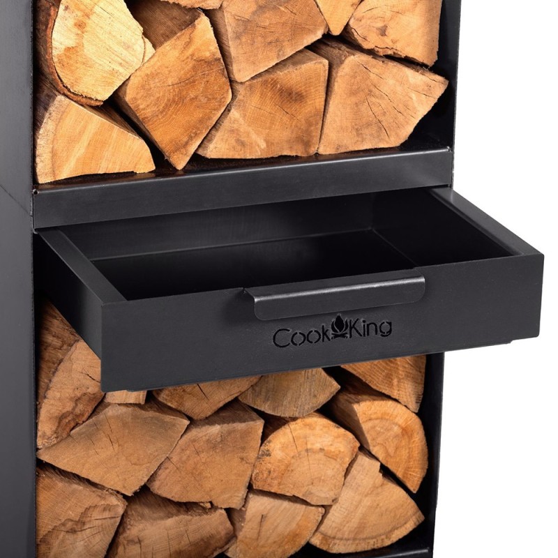 Porte-bûches Vento avec 4 étagères et 1 tiroir pour ranger vos outils et votre bois.