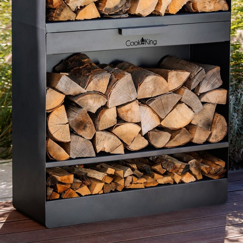 Porte-bûches Vento avec 4 étagères et 1 tiroir pour ranger vos outils et votre bois.