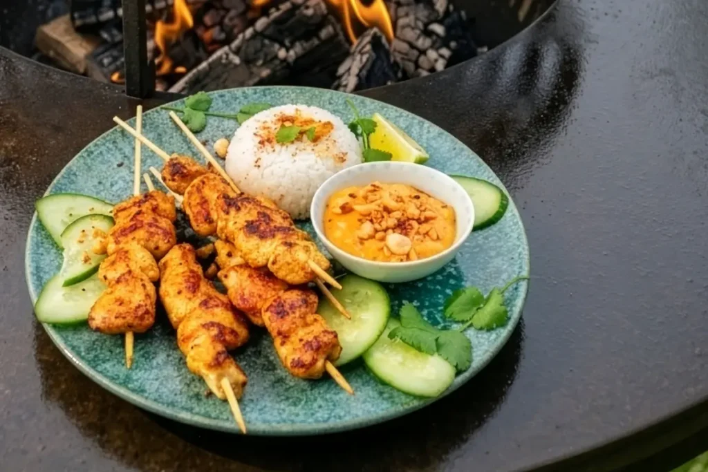 Brochettes de volaille marinées curry-coco grillées au brasero plancha, servies sur une assiette