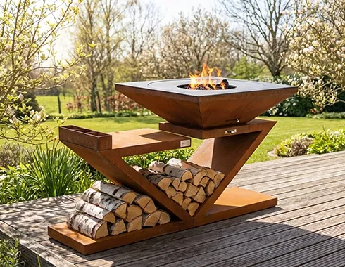 brasero plancha avec meuble int&eacute;gr&eacute; sur une terrasse en bois avec jardin en arri&egrave;re plan