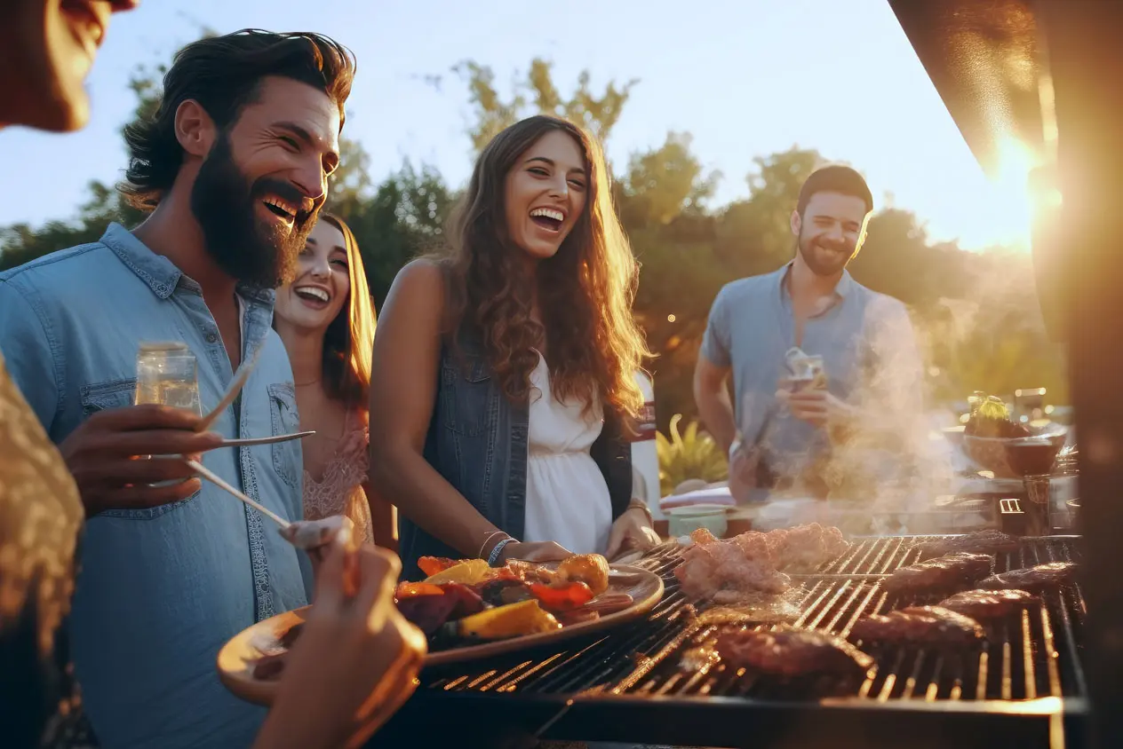 plusieurs personnes souriant autour d'un barbecue