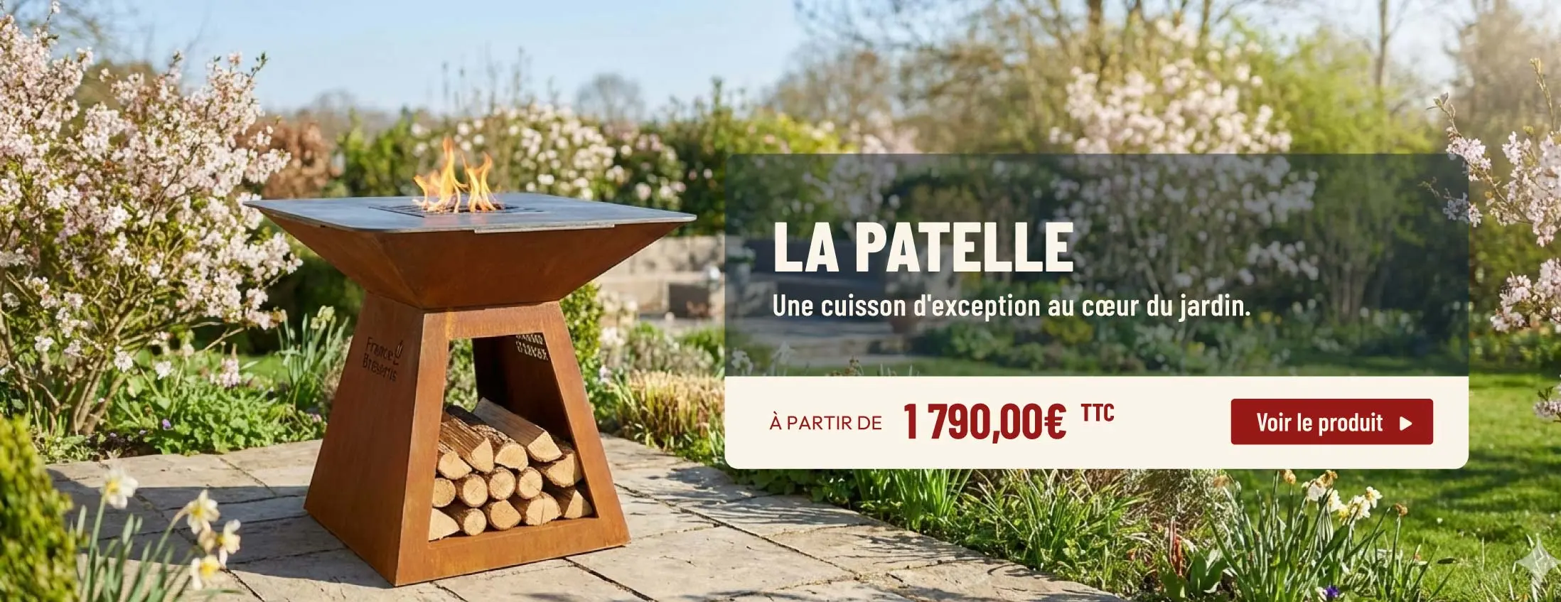 brasero plancha sur une terrasse avec un d&eacute;cor printanier