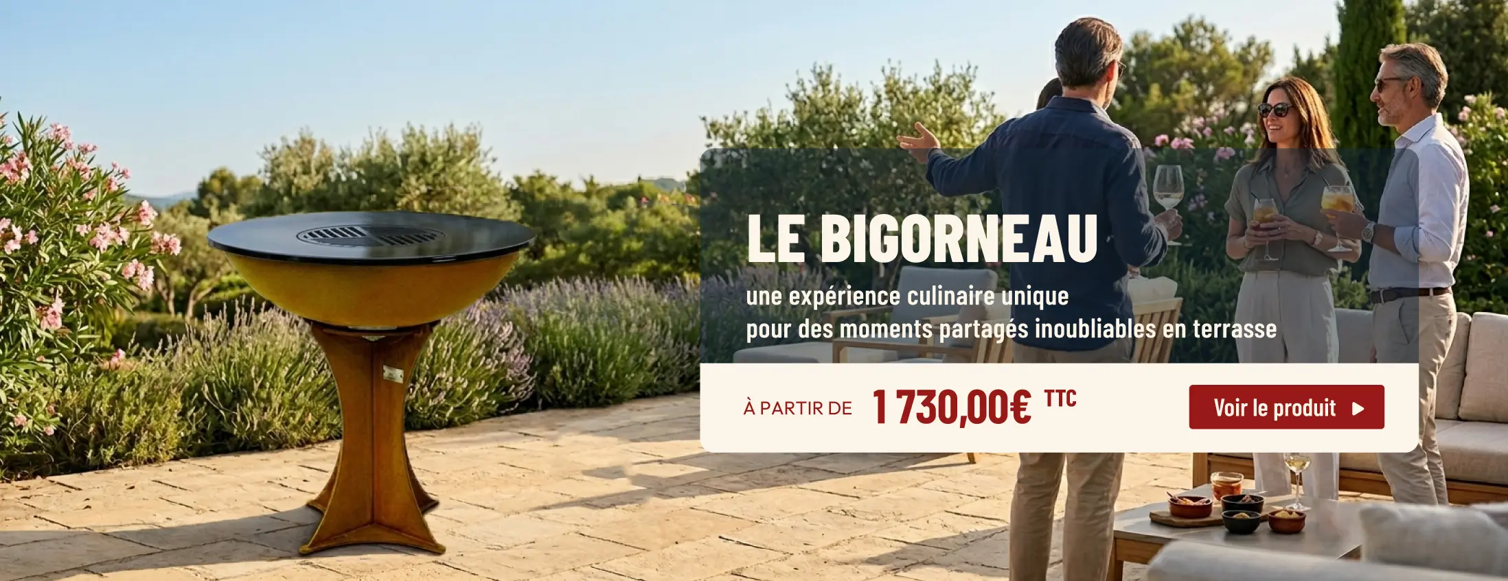 Brasero plancha sur une terrasse avec des personnes &agrave; proximit&eacute; debout autour d'une table