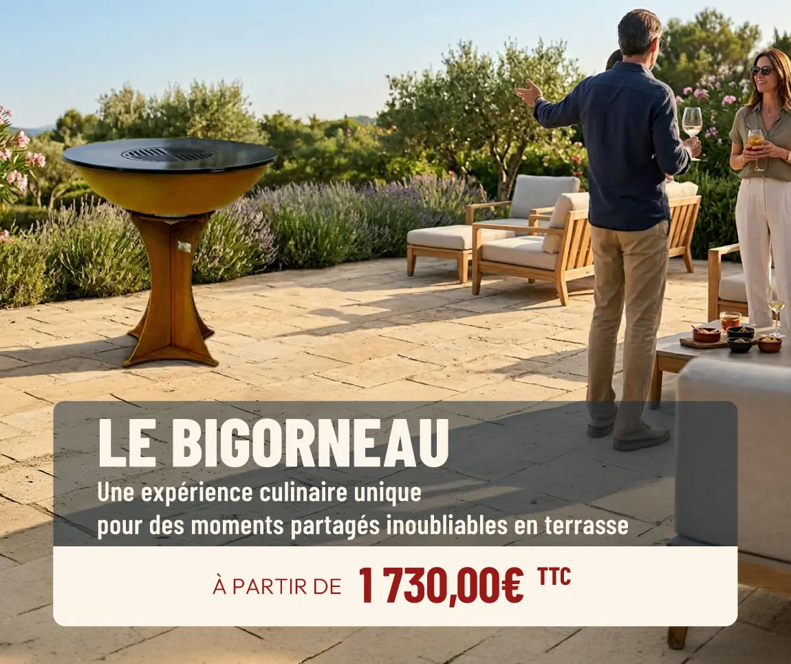 Brasero plancha sur une terrasse avec des personnes &agrave; proximit&eacute; debout autour d'une table