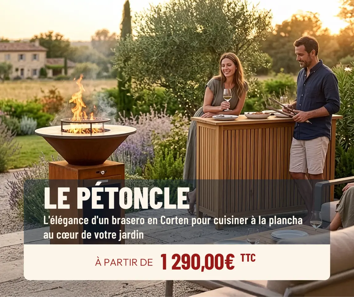 Plusieurs personnes autour d'une table et d'un brasero sur une terrasse