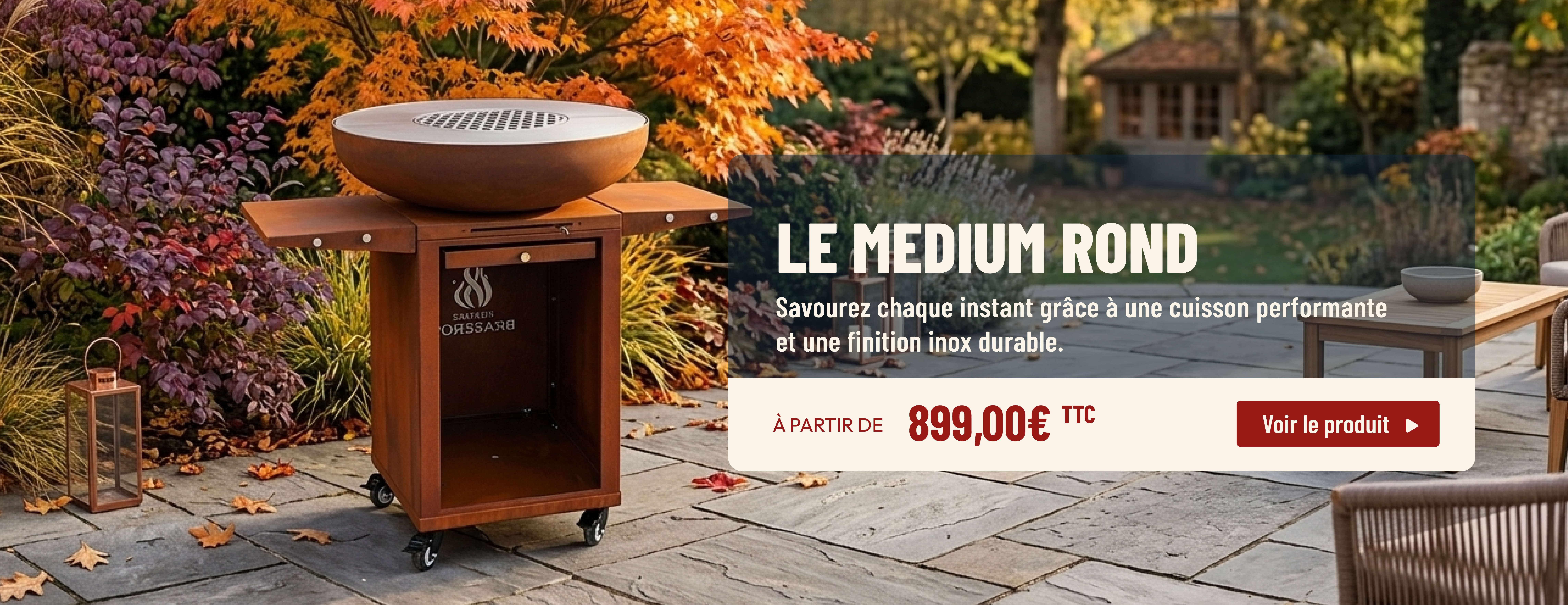 Brasero rond medium en ixox pos&eacute; sur une terrasse dehors